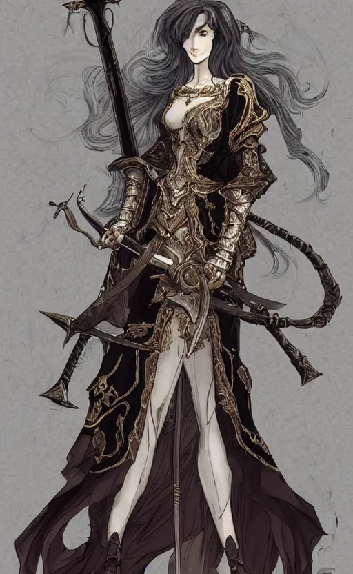 Image similar to a woman wielding a sword, elegant clothes, baroque style, elegant, beautiful, mesmerizing, concept art, fancy clothing, highly detailed, artstation, behance, deviantart, inspired by innocent manga, inspired by castlevania concept art, trending, ayami kojima, shinichi sakamoto