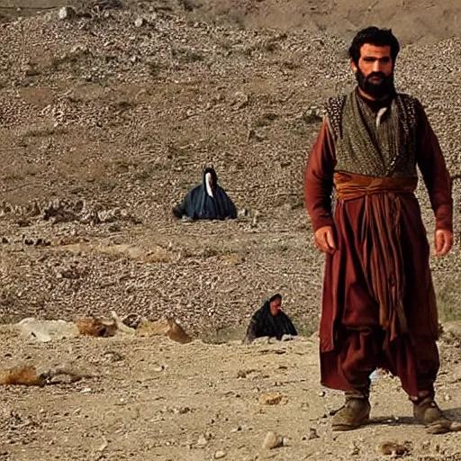 Image similar to Kurdish shepherd wearing Kurdish clothes in a movie directed by Christopher Nolan, movie still frame, promotional image, imax 70 mm footage