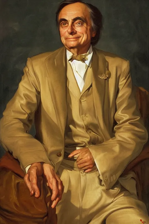 Prompt: Carl Sagan expressive oil on canvas, golden hour, artstation, by J. C. Leyendecker and Peter Paul Rubens,