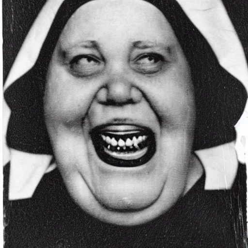 Image similar to antique photograph of an evil catholic nun, cracked and faded photo paper, morbidly obese, crazy eyes wide open, horror, staring at the camera, evil smile, sharp teeth, headshot, dark background, low light, dark