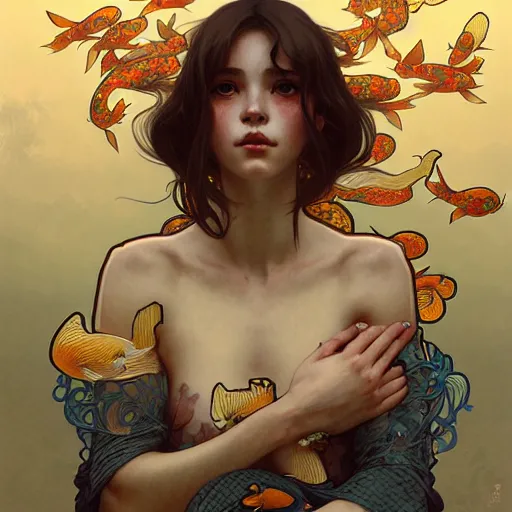 Image similar to Portrait of a girl surrounded by Koi fish, face, fantasy, intricate, elegant, highly detailed, digital painting, artstation, concept art, smooth, sharp focus, illustration, art by Krenz Cushart and Artem Demura and alphonse mucha