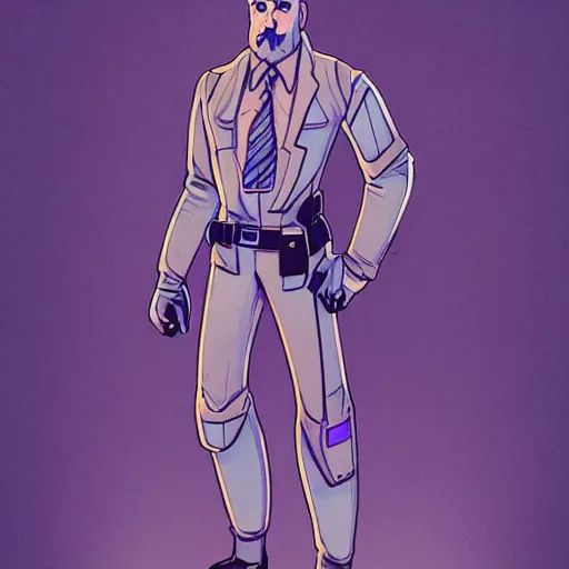 Prompt: character design policeman, concept art character, very high angle view, one arm of the robot body, book cover, very attractive man with beard, walking in cyberpunk valley highly detailed full body, strong masculine features, sturdy body, command presence, policeman!!, royalty, smooth, sharp focus, organic, appealing, deep shadows