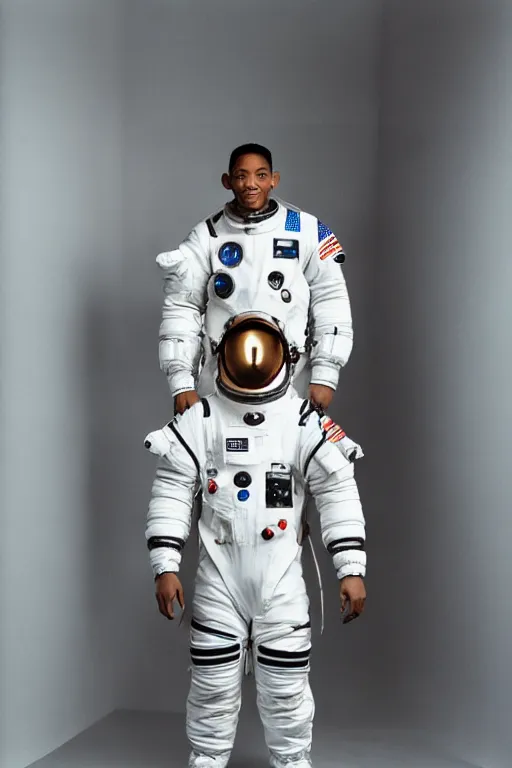 Image similar to full - length portrait of will smith in a space suit, fashion studio lightning, 3 5 mm