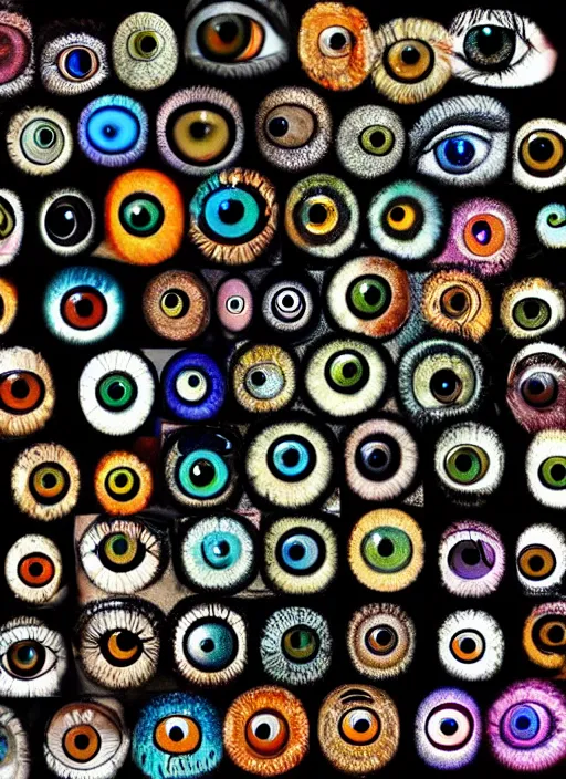 Image similar to diverse eyes!, centered dot pupil, round pupil, happy smiling human eye, round iris, eyelashes, tired half closed, advanced art, art styles mix, from wikipedia, eye relections, hd macro photograph, montage