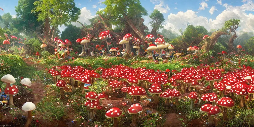 Prompt: landscape, Mushroom Kingdom, Super Mario Theme, hundreds of red and white spotted mushrooms, by Stanley Artgerm Lau , greg rutkowski, thomas kindkade, alphonse mucha, loish, norman Rockwell