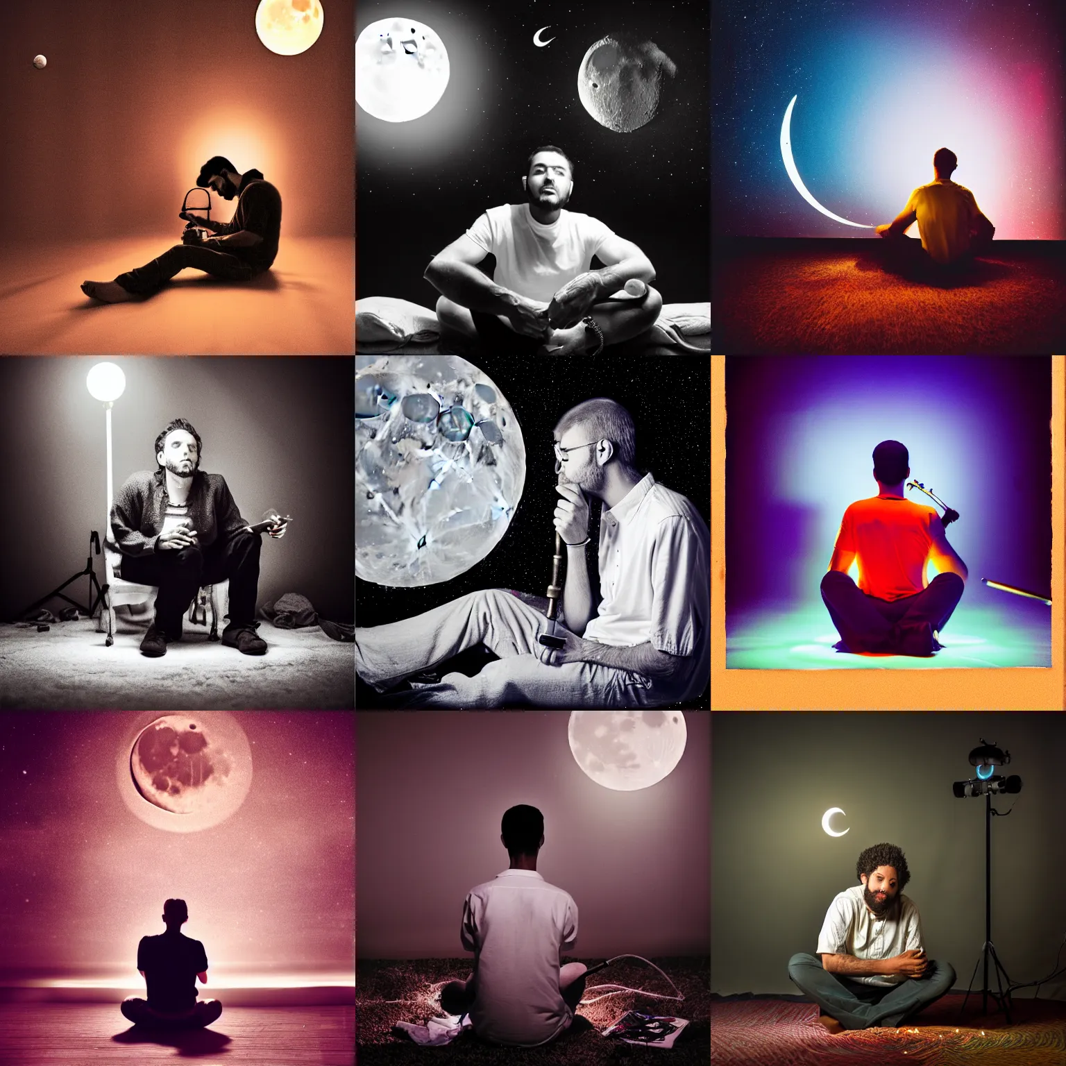 Prompt: man sitting at night with a hookah and looking at the moon, photography, film, studio light, psychedelic,