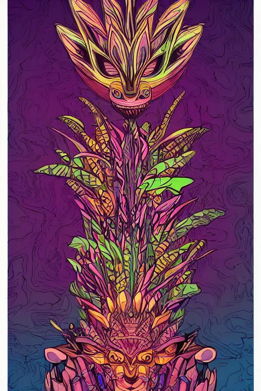 Image similar to animal mask totem roots flower tribal feather gemstone plant wood rock shaman vodoo video game vector cutout illustration vivid multicolor borderlands comics by josan gonzales and dan mumford radiating a glowing aura