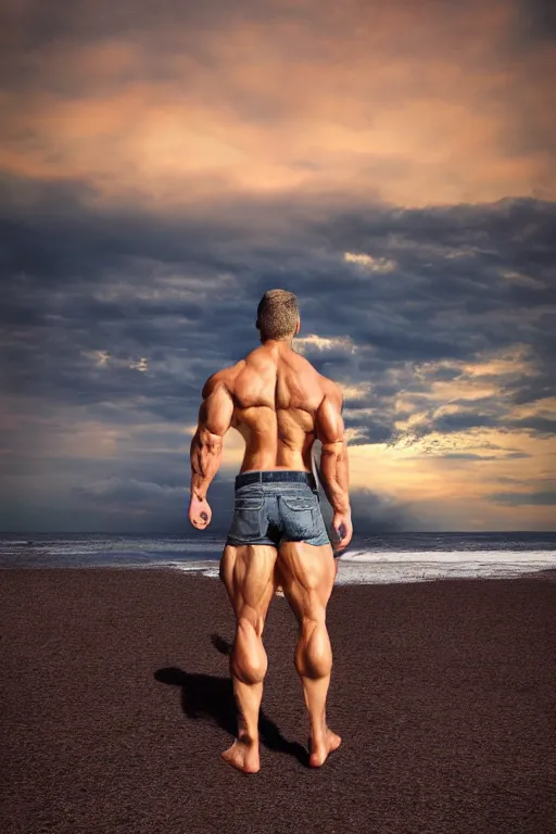 Image similar to a very muscular and defined man wearing ripped pants and shirt looking to the sea at sunset, godrays, complementary colors, natural lighting, portait image, path tracing, serene landscape, high quality, highly detailed, 8K, soft colors, warm colors, turbulent sea, high coherence, anatomically correct, hyperrealistic, concept art, defined face, five fingers