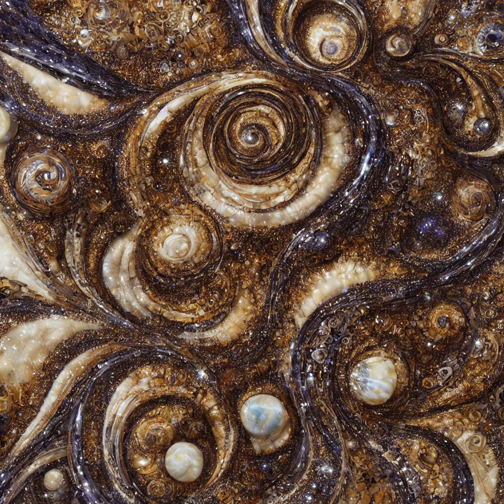 Prompt: fractured galaxy spiral seashells, cyclone seahorse ivory sculpture, detailed fractal patterns, macrophotography, ochre and umber powders, encrusted with dark opals and gold, hyper realistic intricate and complex, fine art photography, trending