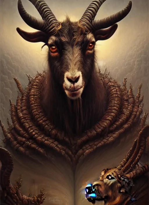 Prompt: portrait shot of a demonic goat, a scenic dystopian environment, intricate, elegant, highly detailed, centered, digital painting, artstation, concept art, smooth, sharp focus, illustration, artgerm, tomasz alen kopera, peter mohrbacher, donato giancola, joseph christian leyendecker, wlop, boris vallejo