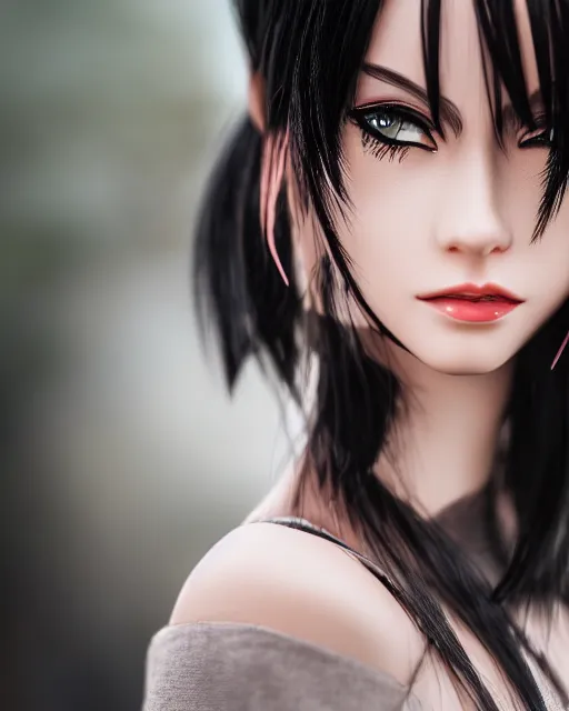 Prompt: A photo of a realistic-looking anime girl with black hair, highly detailed, bokeh, 90mm, f/1.4