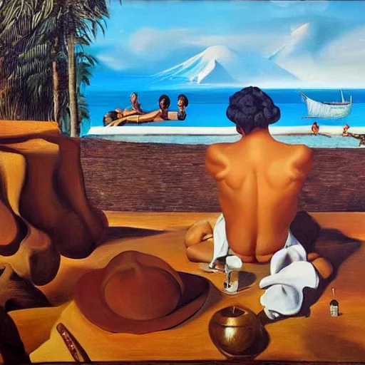 Prompt: Salvador Dalí on vacation on Bali, trending on artstation, oil on canvas
