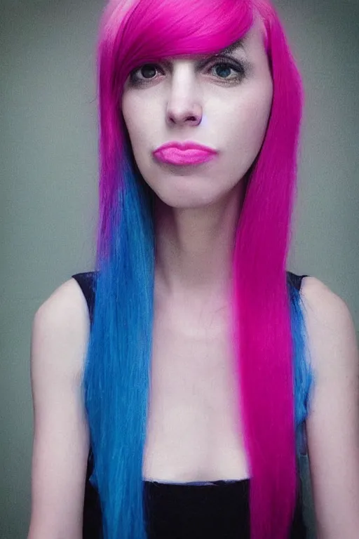 Image similar to “portrait of a depressed female multi-millionaire, pink and blue hair, surrealist”