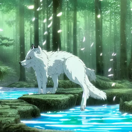 Image similar to a spirit wolf forest drinking water from an illuminated pool, hayao miyazaki, masashi ando, nizou yamamoto, kazuo oga, joe hisaishi, yoji takeshige, naoya tanaka