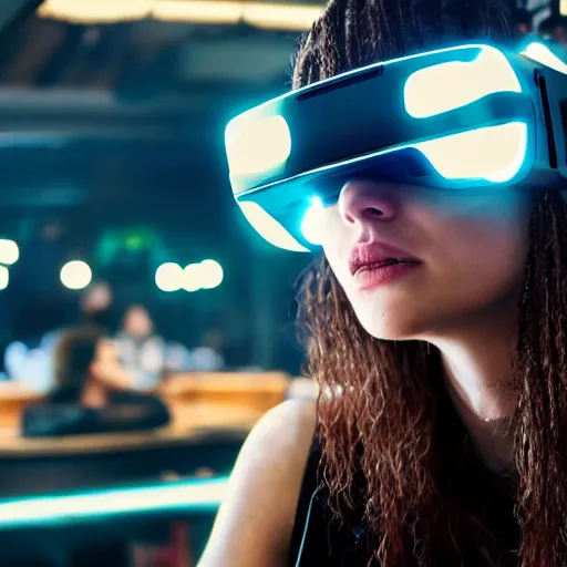 Prompt: a high quality portrait of a beautiful stunning pirate in a cyberpunk cyberpunk cyberpunk cafe wearing a VR visor, realism, 8k, award winning photo