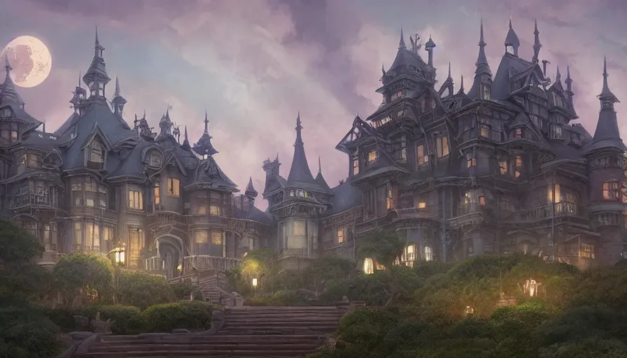 Prompt: A highly detailed matte painting of the huge haunted mansion at the top of the hill, by Studio Ghibli, Makoto Shinkai, by Artgerm, by WLOP, by Greg Rutkowski, volumetric lighting, octane render, 4K resolution, trending on artstation, masterpiece