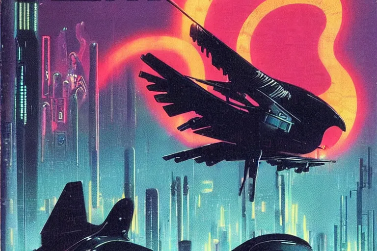 Image similar to 1979 OMNI Magazine Cover of a raven in neo-Tokyo in cyberpunk style by Vincent Di Fate