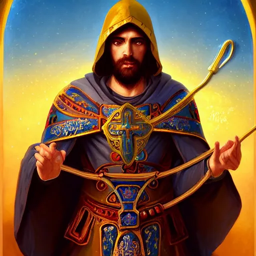 Prompt: detailed portrait of holy crusader, old roman style, non - reflective blue neon cloak, decorated with traditional holy church ornaments by rhads, makoto shinkai cyril rolando, madgwick illustrated, perfect face, fine details, realistic shaded, fine - face, pretty face