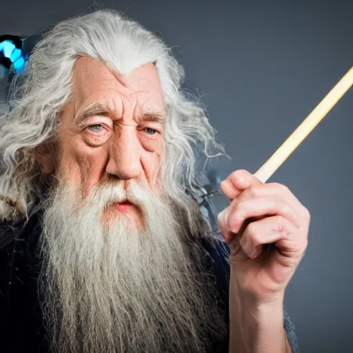 Prompt: a closeup studio photographic portrait of gandalf smoking a joint, studio lighting