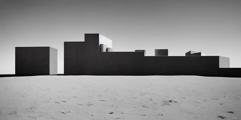 Prompt: a brutalist building in a stunning desert landscape inspired by altor aalto, architecture, bauhaus, pop surrealism, surrealism,