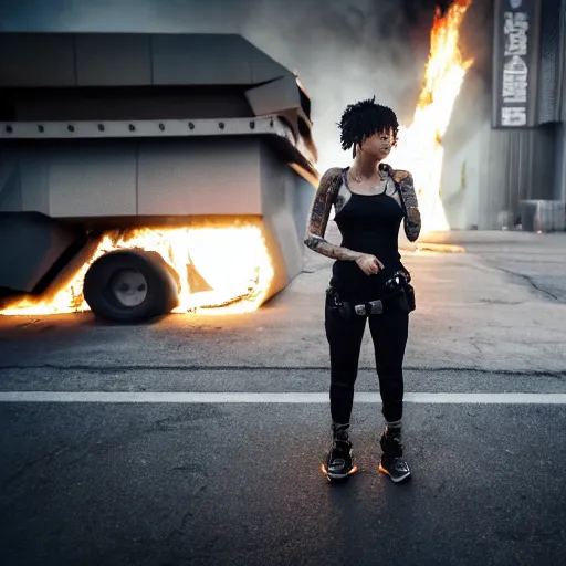 Image similar to Candid extreme wide shot of a poor techwear mixed woman with short hair and tattoos outside of a futuristic Los Angeles on fire, a police MRAP on fire, cyberpunk, 4k, extreme long shot, desaturated, full shot, action shot, motion blur, depth of field, sigma 85mm f/1.4, high resolution, 4k, 8k, hd, full color, award winning photography, war photography