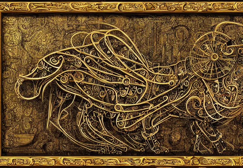 Image similar to schematic blueprint of highly detailed ornate filigreed convoluted ornamented elaborate cybernetic rat, wide wooden frame with gold leaf, art by da vinci