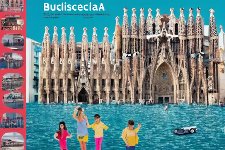 Image similar to touristic brochure of a family visiting a catastrophic barcelona, buildings covered with high water, floating cars, catchy graphic design, photo real