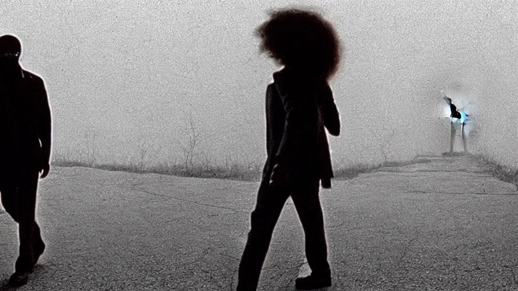 Prompt: photo from distance of a black man with long curly hair, wearing glasses, holding a guitar, walking out of a the Utopia's gate, film still from the movie directed by Denis Villeneuve with art direction by Zdzisław Beksiński, wide lens