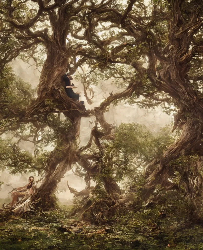 Image similar to woman playing a piano sitting on a giant tree, very detailed, 8k, maximized, ornate, masterpiece, complex, by Greg rutkowski, Alex Gray, surrounded by smoke