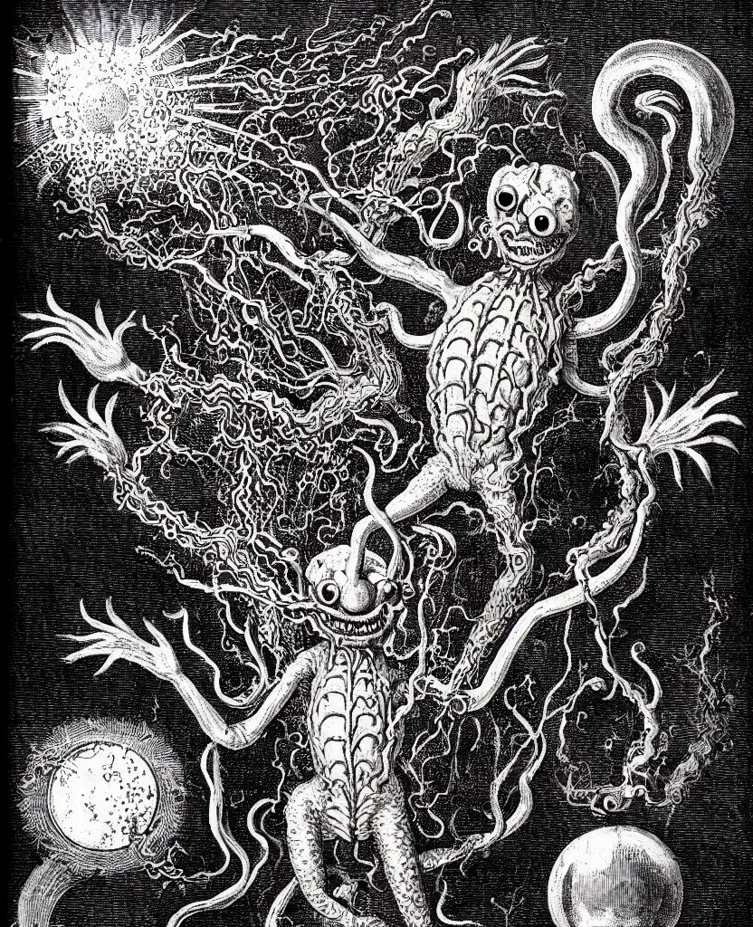 Prompt: fiery freaky whimsical monster creature sings a unique canto about'as above so below'being ignited by the spirit of haeckel and robert fludd, breakthrough is iminent, glory be to the magic within