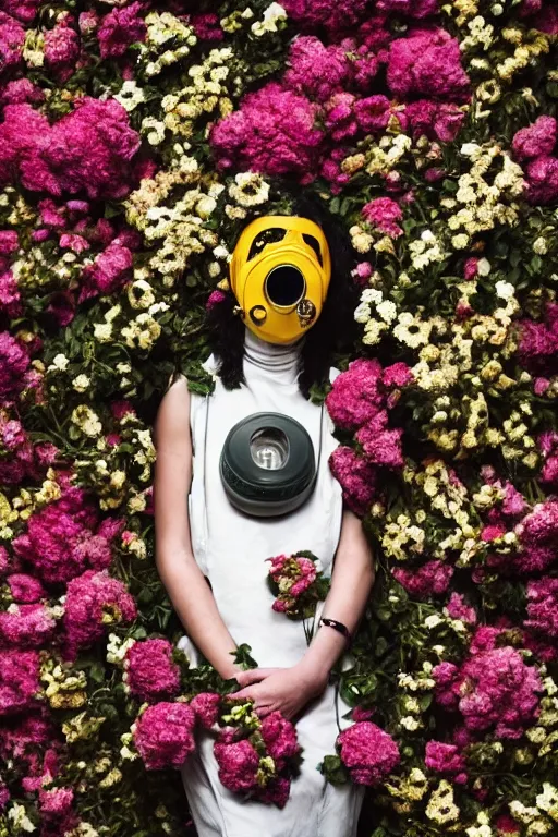 Image similar to a surreal portrait of a woman wearing gas mask blending into a wall of flowers in the style of brooke didonato, editorial fashion photography from vogue magazine, full shot, nikon d 8 1 0, ƒ / 2. 5, focal length : 8 5. 0 mm, exposure time : 1 / 8 0 0, iso : 2 0 0