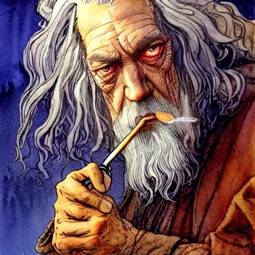 Prompt: a realistic and atmospheric watercolour fantasy character concept art portrait of gandalf with bloodshot eyes smoking a pipe looking at the camera by rebecca guay, michael kaluta, charles vess and jean moebius giraud