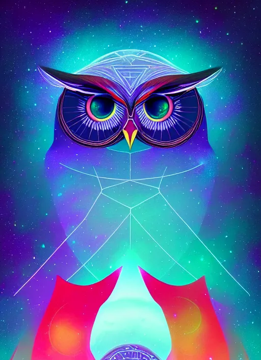Image similar to symmetry!! product render poster vivid colors divine proportion owl, starry sky, glowing fog intricate, elegant, highly detailed, digital painting, artstation, concept art, smooth, sharp focus, illustration,