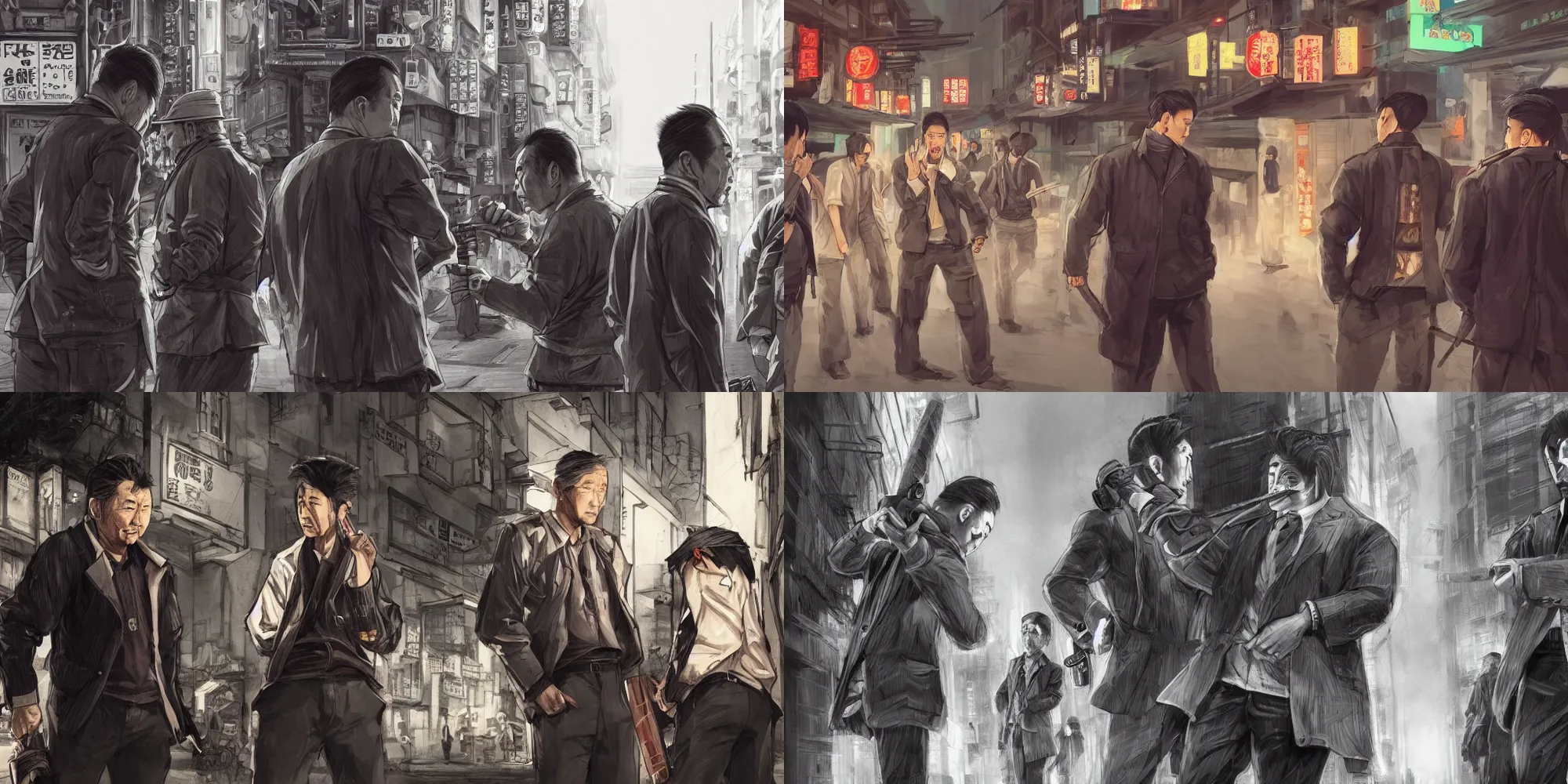 Prompt: over-the-shoulder shot, hyperdetailed masterpiece concept art of 3 Japanese gangsters talking to each other while holding knives on the street with dim light, 4k Detailed Matte Illustration trending on ArtStation