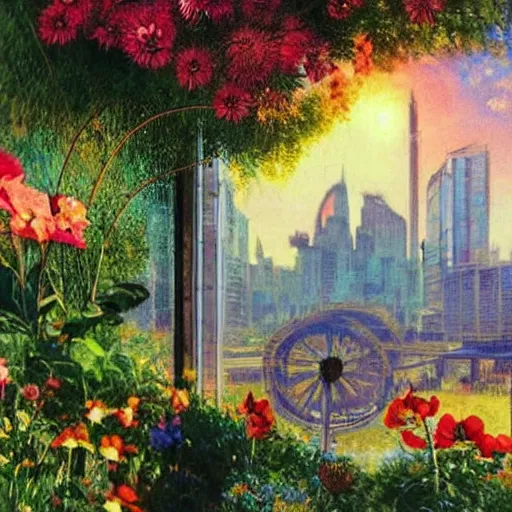 Image similar to a very beautiful eco - friendly environmental future!!! city cityscape, flying cars and alleviated trains and solar power, lots of plants and flowers, sunrise, style of olidon redon