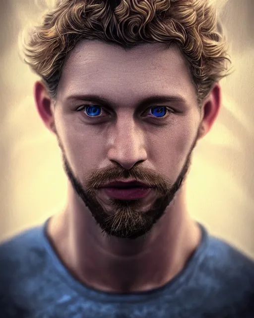 Image similar to portrait of a man in his mid - twenties with dull blue eyes, curly blond hair, short goatee, ultra realistic, epic, highly detailed, hd, sharp focus, cinematic lighting, realistic, dreamy, vivid colors, dreary, morose, matt painting, digital art, non blurry, sharp, artstation, concept art, smooth, comic book style, illustration