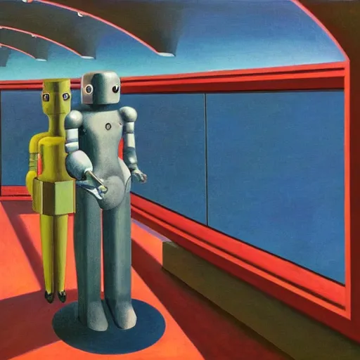 Prompt: robot overlords, observation deck, spaceship interior, view of earth, pj crook, edward hopper, oil on canvas