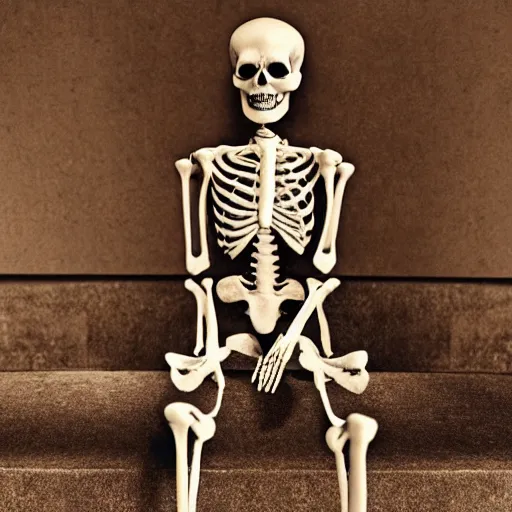 Prompt: a photo of skeleton sitting and waiting for a doctor
