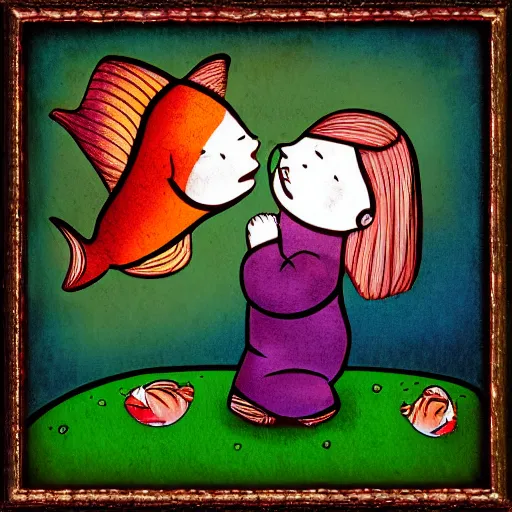 Prompt: the same style. the most beautiful little fat sweet girl is kissing a huge colorful cute fish. modern etching. colored print. hype realistic scene. old photography style. studio lighting. window