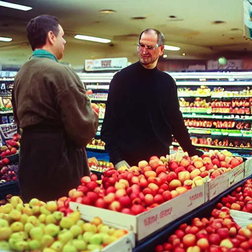 Image similar to Steve jobs selling apples on a supermarket, 35mm lens