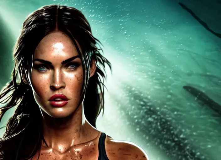 Image similar to film still of!!!! megan fox!!! as lara croft in new tomb raider movie, closeup portrait, exploring interior of torchlit atlantis underwater temple, glamour pose, dramatic lighting, octane, mist, volumetric lighting, 8 k