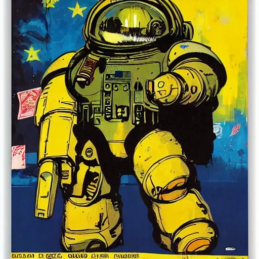 Image similar to Manatee Space Marine by Ashley Wood, Yoji Shinkawa, Jamie Hewlett, 60's French movie poster, French Impressionism, vivid colors, palette knife and brush strokes, Dutch tilt