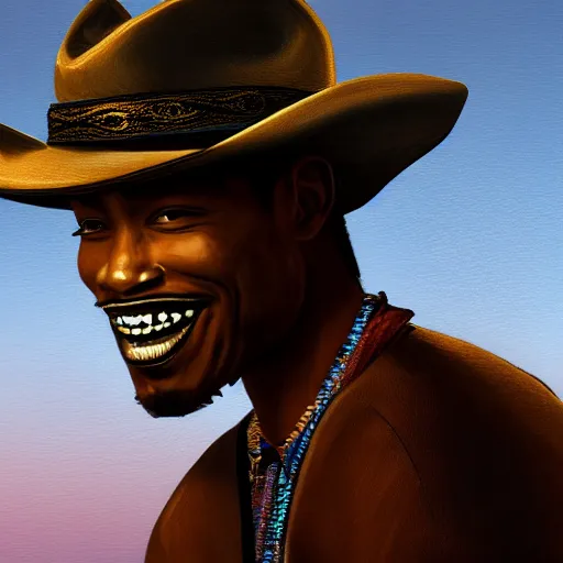 Prompt: a handsome regal young African-American cowboy with a smirk and gold teeth with a nice eyes catch light, volumetric lighting, in front of a pale lavender sunrise, dawn, predawn, golden light, no crop, smooth, sharp focus, grainy, realistic, hyperrealistic, very neat, intricate, cinematic lighting, highly detailed, digital painting, artstation, concept art, smooth, sharp focus, illustration, full body length made by Jacob Lawrence and Sam Gilliam and Edmonia Lewis