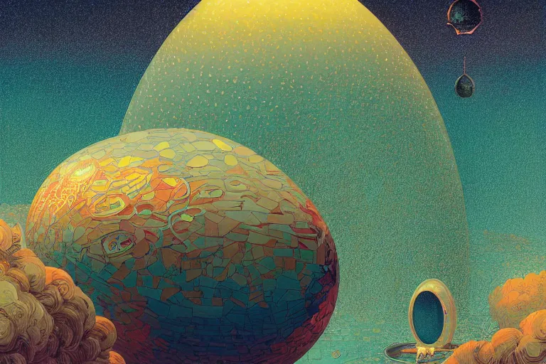 Prompt: cosmic egg, artstation painting by Victo Ngai, Kilian Eng vibrant colors, winning-award masterpiece, fantastically gaudy, aesthetic octane render inspired in beksinski and dan mumford work, remixed with Simon Stalenhag work, sitting on the cosmic cloudscape