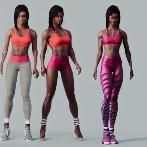 Image similar to 3 d render of a full female body, a mulatto woman with an afro, cruel hazel eyes, very fit body, wearing fitness gear, dead or alive 6, tekken 7, rumble roses, muscular legs, highly detailed, artstation, super realistic, unreal engine