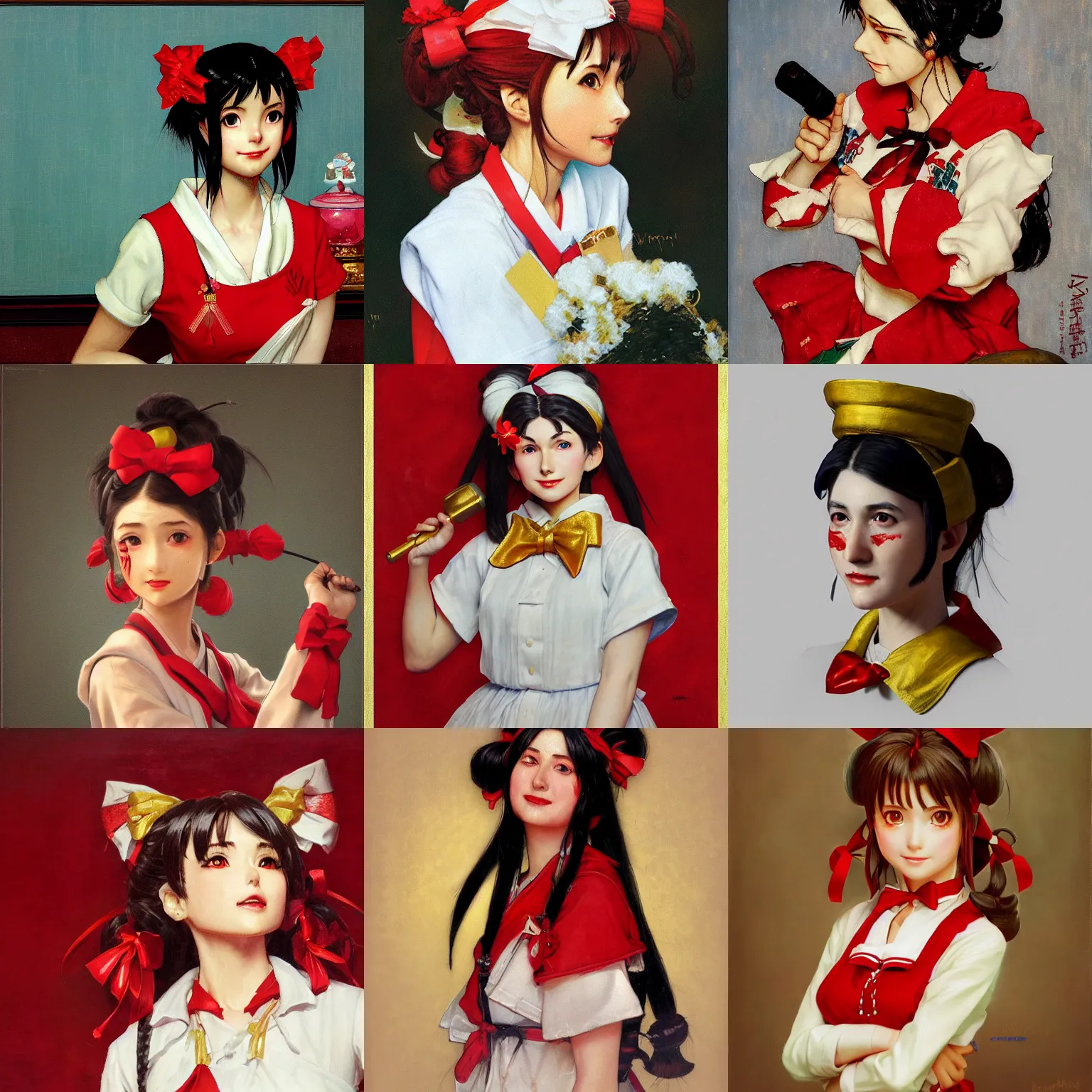 Prompt: a portrait painting of reimu hakurei, by norman rockwell, marble, gold, unreal engine 5