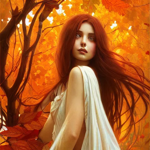 Prompt: girl with super long hair, hair becoming autumn red leaves, intricate, digital painting, artstation, concept art, illustration, art by artgerm and greg rutkowski and alphonse mucha