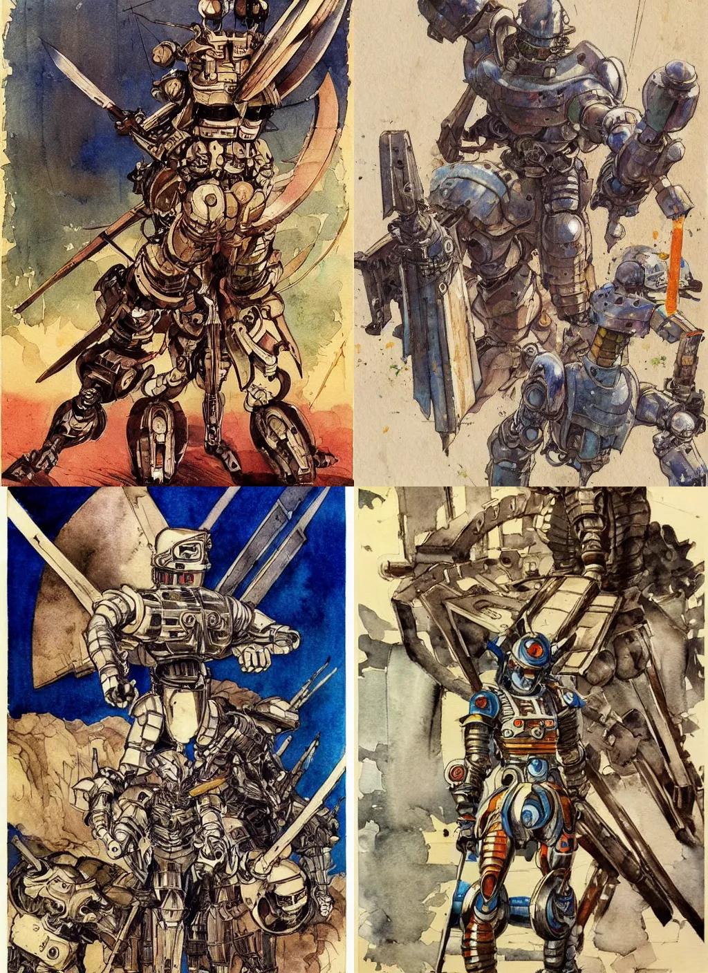 Prompt: vintage anime cinematic robot warrior army by Leonardo da Vinci, watercolor concept art by Syd Mead, by william herbert dunton, watercolor strokes, japanese woodblock, by Jean Giraud