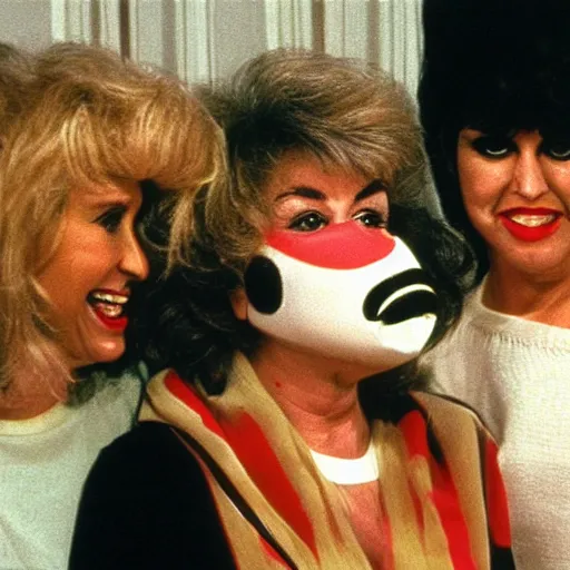 Prompt: 1982 twin women on tv talk show wearing an inflatable long prosthetic snout nose soft color wearing stripes 1982 color film archival footage 16mm John Waters Russ Meyer Almodovar Doris Wishman