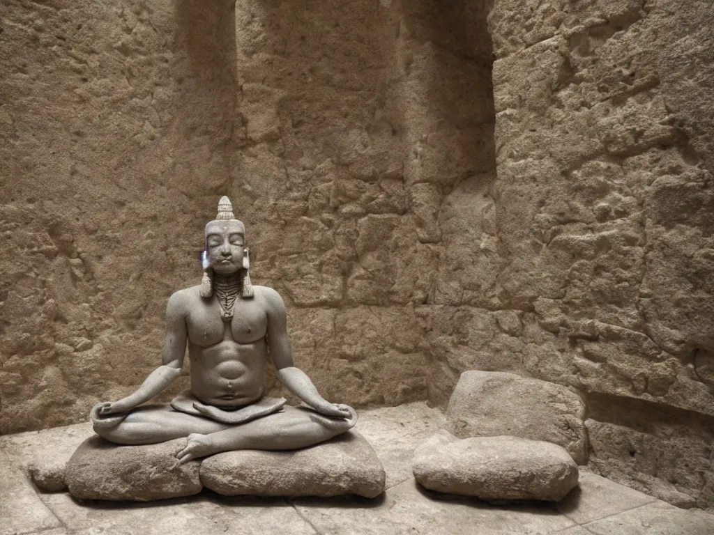 Prompt: a photo real image of an ancient being meditating in a cybernetic temple